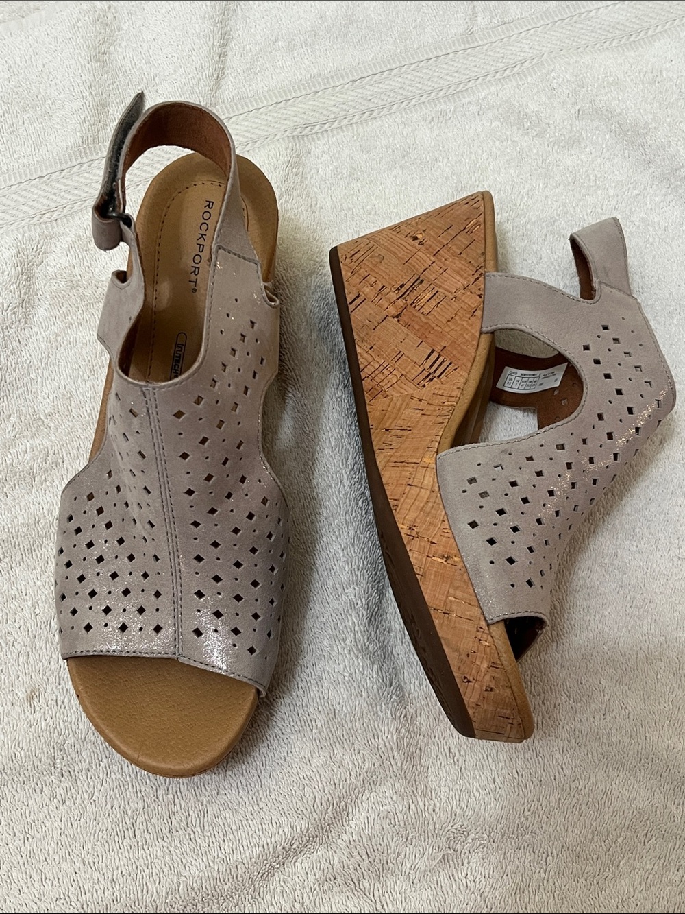 Rockport Taupe Perforated Cork Wedge Sandals